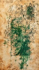 Ancient document shows symbols and patterns on textured aged paper