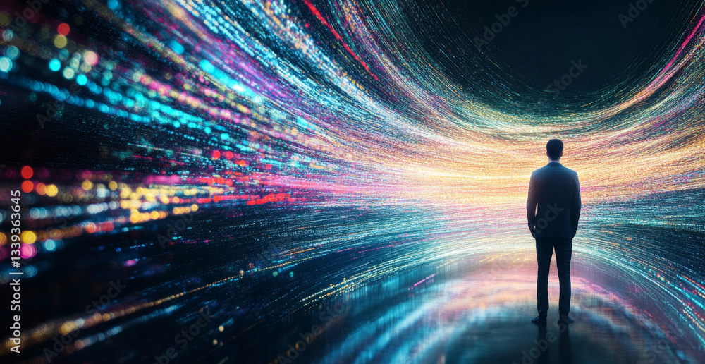 Poster a person stands in a vibrant, illuminated space that symbolizes the fusion of modern technology and 