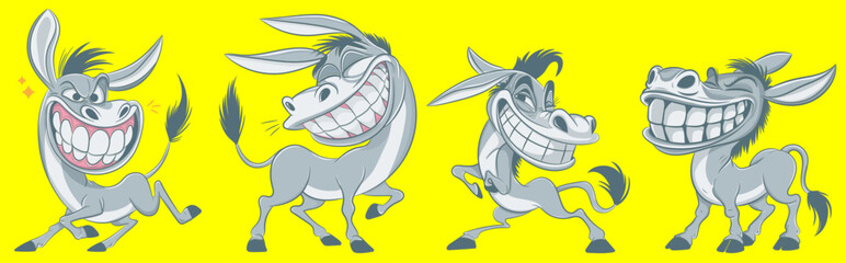 Playful cartoon donkeys with oversized toothy grins, dynamic poses, and bold line art on a vibrant yellow background. Ideal for humor, branding, and mascots