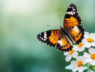 Fototapeta premium Ecological balance portrayed through a butterfly pollinating flowers in a rewilding project