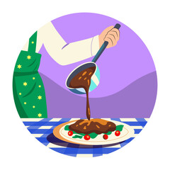 A flat style illustration of pouring gravy on food