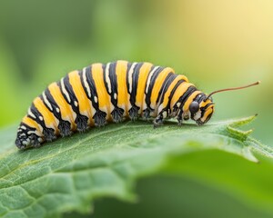 Naklejka premium Monarch butterfly caterpillar munching on milkweed leaves, demonstrating essential larval stages