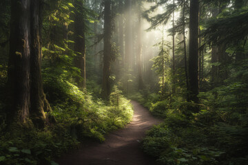 Fototapeta premium Sunbeams lighting mossy path through lush primeval forest