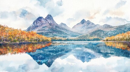 Fototapeta premium Colorful autumn foliage surrounds a tranquil lake, where majestic mountains rise in the background, perfectly mirroring their silhouette on the water's surface