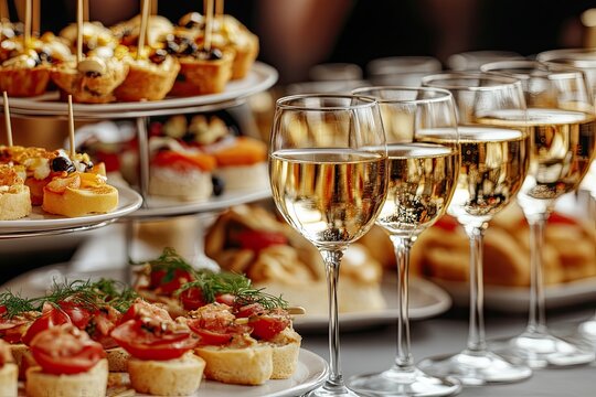 Sophisticated champagne glasses and exquisite appetizers displayed at a wedding reception. Luxury catering for celebrations, emphasizing the elegance of serving food and drinks at grand events