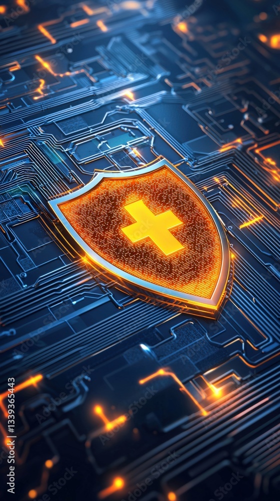 Poster digital shield on circuit board background with glowing lines