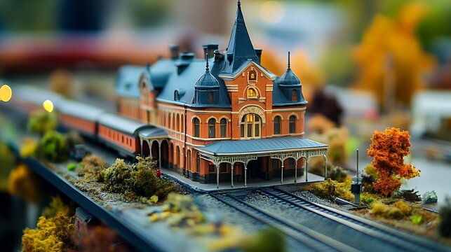 A Railway Station Miniature Model. Placed on a table. Blurred office Backdrop 