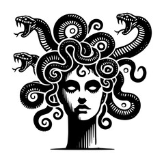medusa head with striking snake hair in mythological silhouette