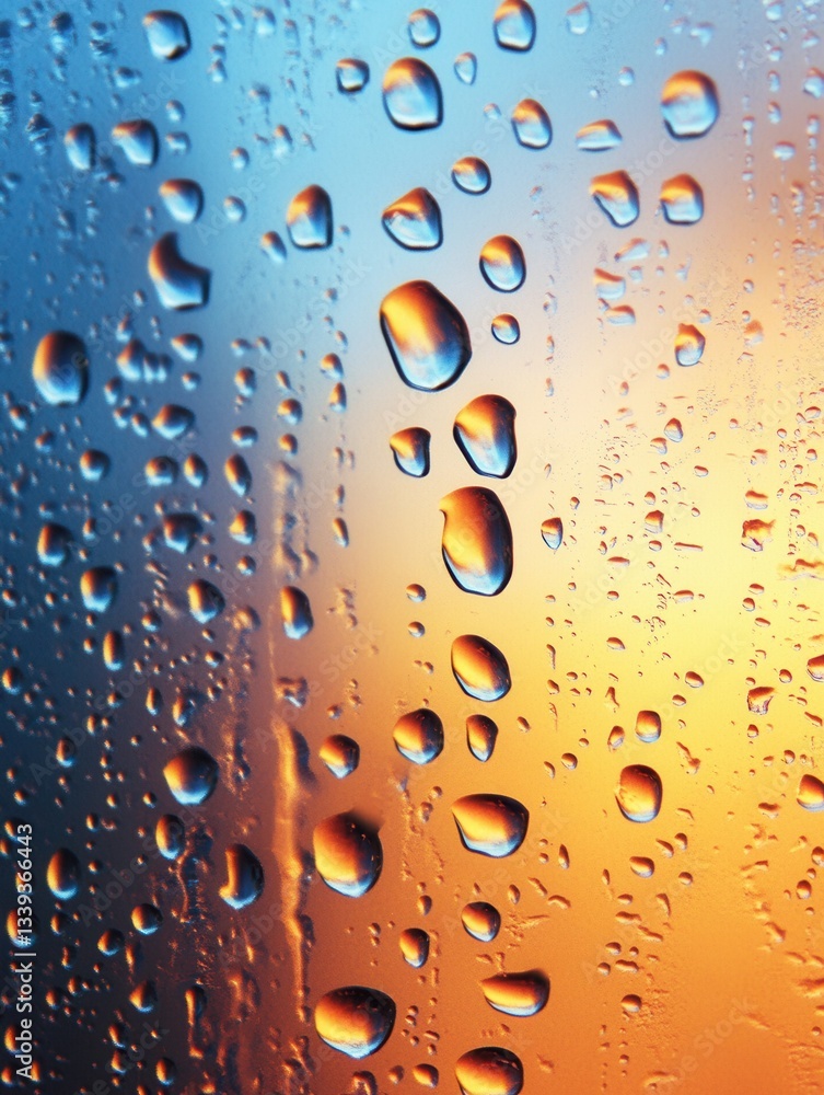 Poster colorful water droplets on a glass surface reflecting sunset hues creating a serene and calming atmo