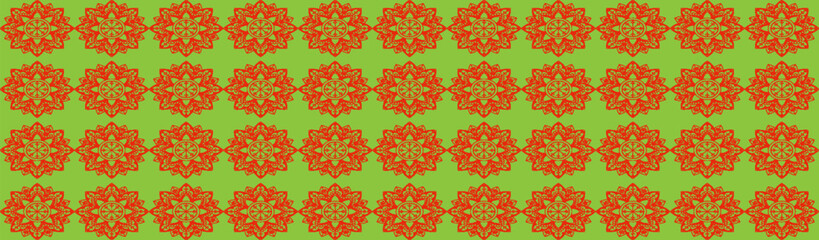 Fototapeta premium Seamless green background with intricate red mandala patterns arranged in a symmetrical grid. Ideal for wallpapers, textiles, invitations, and decor