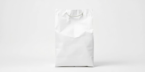 A plain white paper bag, unblemished and crisp, stands alone against a pure white backdrop, business, asset