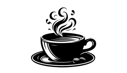 steaming coffee cup black and white vector illustration