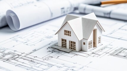 House Model on Architectural Plans: New Home Construction Project