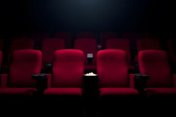 Fototapeta premium A Solitary Seat Awaits The Movie Magic, Popcorn Ready, In A Dimly Lit Cinema With Plush Red Chairs And Moody Ambiance