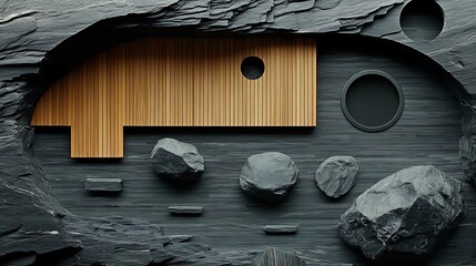 Modern rock wall with wood panels and stone features