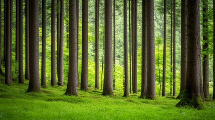 Lush green forest with tall trees and vibrant undergrowth, showcasing nature's tranquility