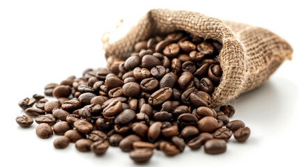 Fototapeta premium Fresh coffee beans spilling from burlap sack, showcasing rich textures and colors