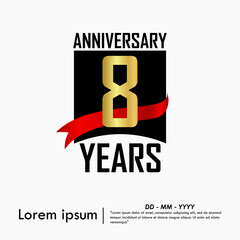 8th years anniversary celebration emblem. elegant golden anniversary logo isolated with red ribbon on white background. vector illustration template design for web, flyers, poster, greeting card	
