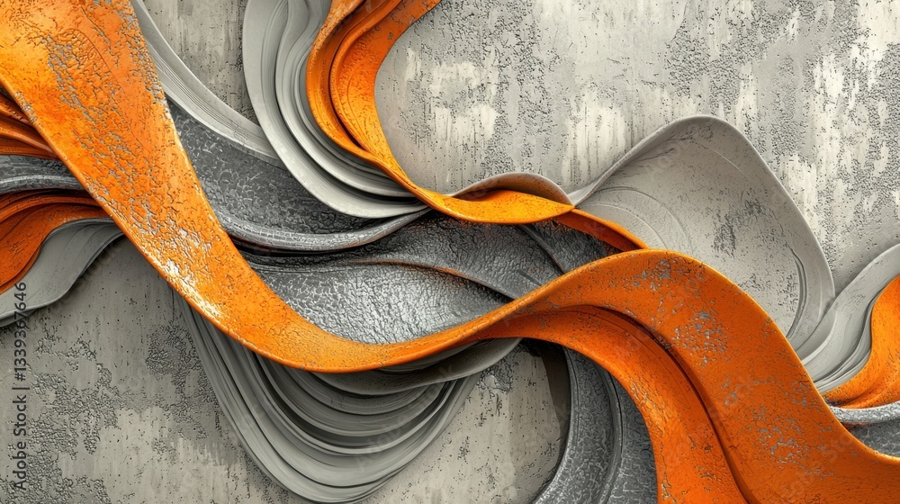 Poster curved ribbons of bright orange and subdued gray weave together, creating an abstract visual effect 