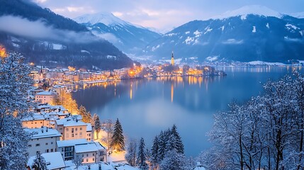 Panoramic view of Lake Brienz in winter, Switzerland