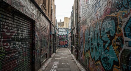 Fototapeta premium Exploring Urban Art Graffiti Alley Street Scene with Colorful Wall Designs
