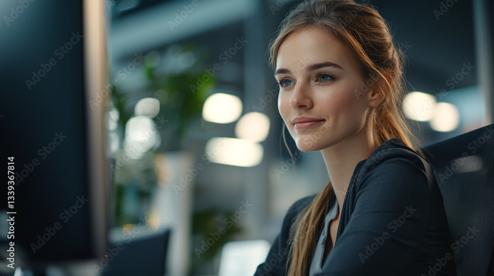 Poster smiling professional working at computer in a modern office space