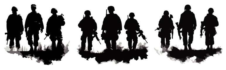 group of soldiers walking silhouette black and white military illustration