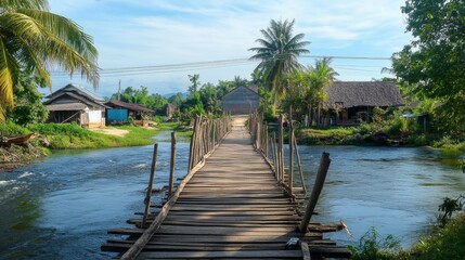 A wooden bridge connecting two parts of a small village over a river.