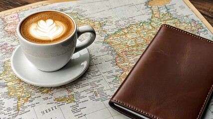 Discovering unfamiliar destinations while savoring a hot beverage and documenting my experiences in a travel journal on a map