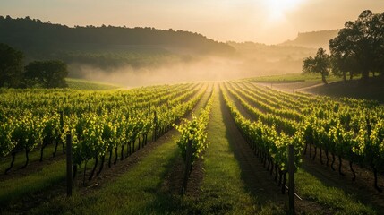 Fototapeta premium Picturesque sunrise illuminates rows of grapevines in a lush vineyard landscape