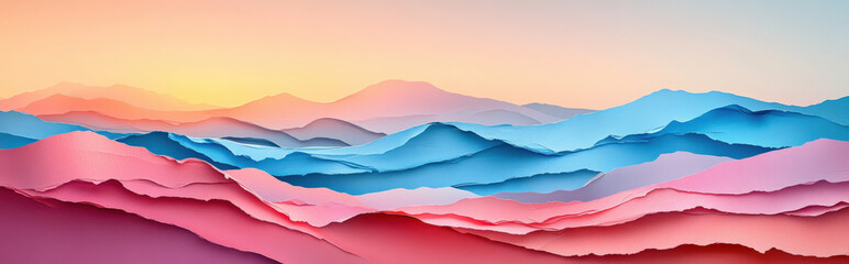 Rolling hills made of paper, torn edges, pastel gradient sky 