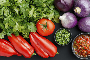 Fresh vegetables including red peppers, tomatoes, onions, and herbs