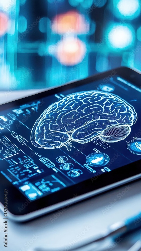 Poster digital brain interface on tablet screen with data analysis display