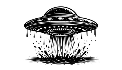 ufo flying saucer landing black and white sci-fi engraving illustration © Camel