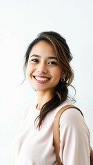 Fototapeta premium Smiling beautiful woman on white background passport photo vertical