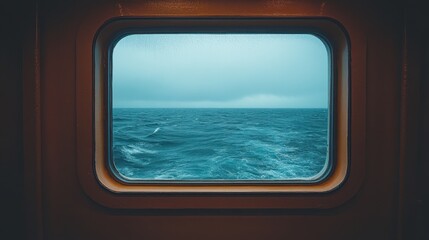 Moody Ocean View Through Ship Window on Overcast Day Capturing the Tranquil Sea Landscape with a Touch of Mystery and Serenity in Maritime Scenery