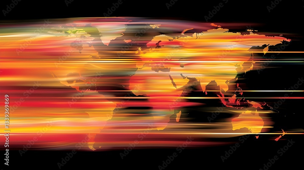 Poster abstract world map with motion blur effect and warm color palette.