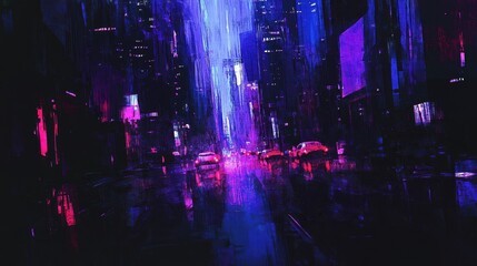 Obraz premium A vibrant city street scene illuminated by artificial lights at night