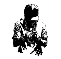 rapper silhouette in cap and chains black and white street art illustration