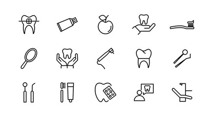 Dental, dentist line icon set. Dentistry, dental treatment, tooth, prosthetics, teeth whitening, implant, braces, and medical health care outline icon collection. UI thin outline icon pack