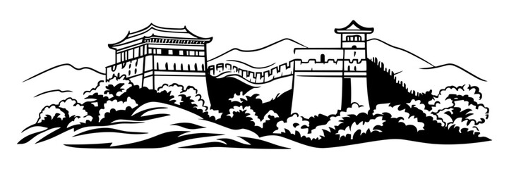 Naklejka premium great wall of china black and white vintage engraving illustration