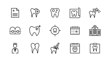 Dental, dentist line icon set. Dentistry, dental treatment, tooth, prosthetics, teeth whitening, implant, braces, and medical health care outline icon collection. UI thin outline icon pack