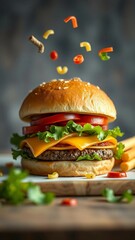 Fresh juicy delicious burger with floating ingredients isolated on free background vertical