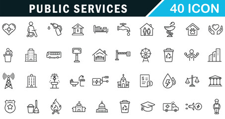 Public Services outline editable icon set. court, education, social services and more.