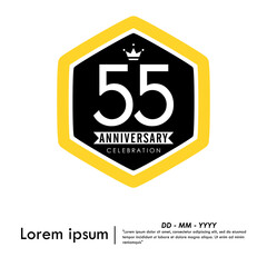 Naklejka premium 55th years anniversary celebration emblem. hexagon anniversary logo with ribbon. medal badge frame on white background. vector illustration template design for web, flyers, poster, greeting card 