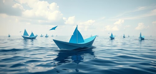 Obraz premium A lone blue paper boat bravely leads a flotilla of white ships across a vast expanse, risk, direction