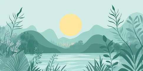 Obraz premium An idyllic nature landscape features mountains and a bright sun