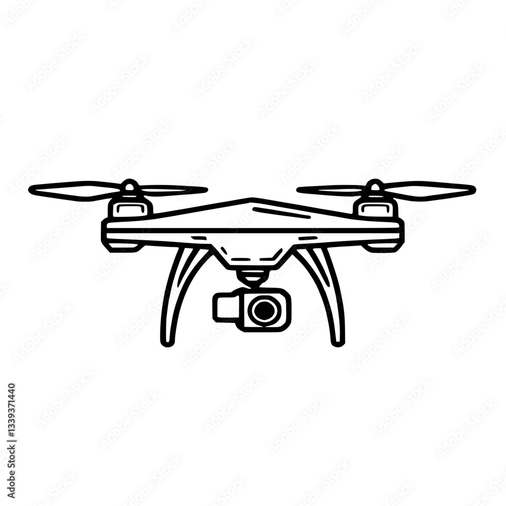 Poster drone with camera in and line art style for aerial photography or video remote controlled flying dev