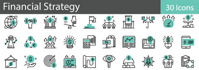 Financial Strategy Line Icons Set. Collection of 30 outline icons representing financial planning, budgeting, and investment strategies. Editable stroke vector illustration.