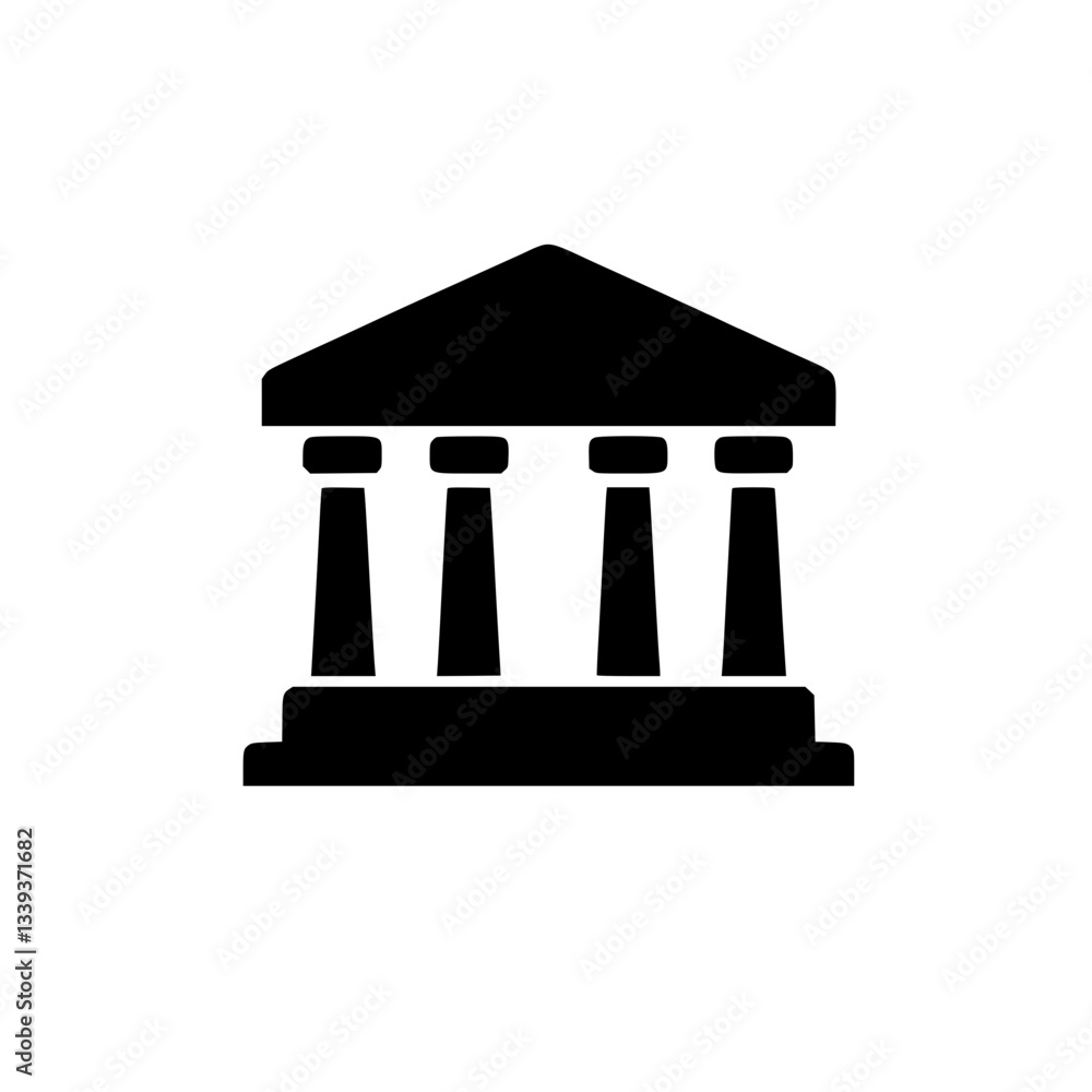 Poster iconic building facade featuring classical architectural design with prominent columns and a triangu